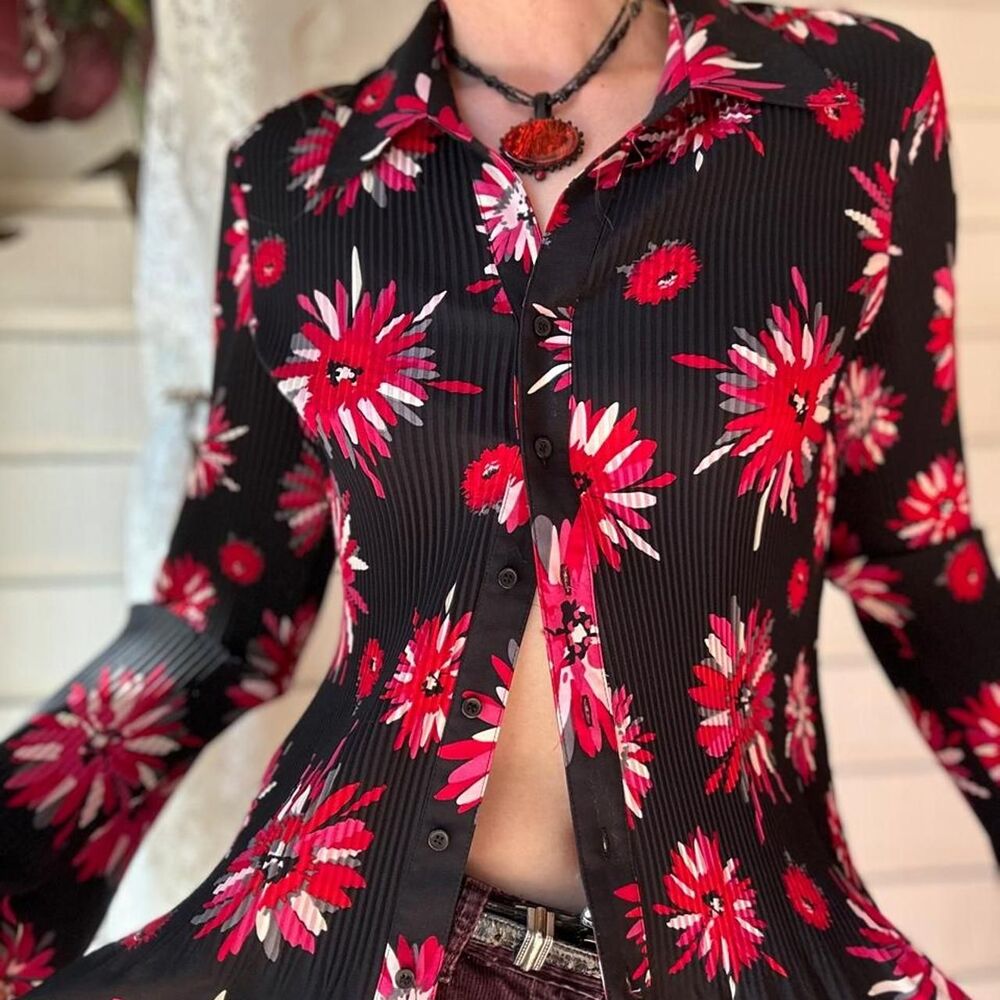 Vintage Y2K Christopher Banks Pleated Floral Blouse Bell Sleeve Top XL